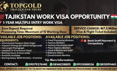 TAJIKSTAN WORK VISA OPPORTUNITY